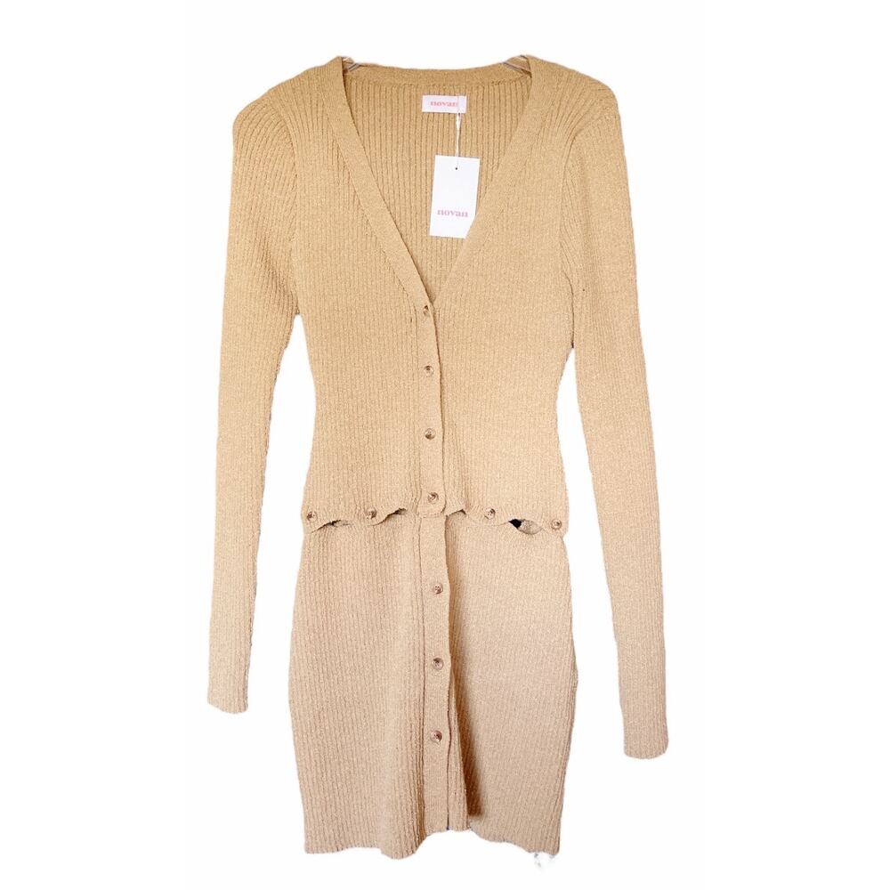 Novan Birdie Knit Mini Dress Oat Beige Button Front NWT Size Large